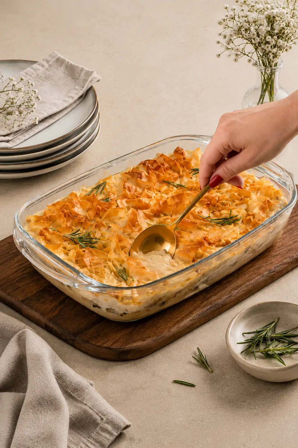 BACALHAU GRATINADO COM MASSA FILO - SERVE 2, 6 ou 8 PESSOAS