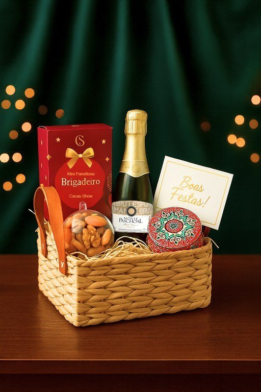 Cesta de palha com espumante, brigadeiros, castanhas e cartão de boas festas