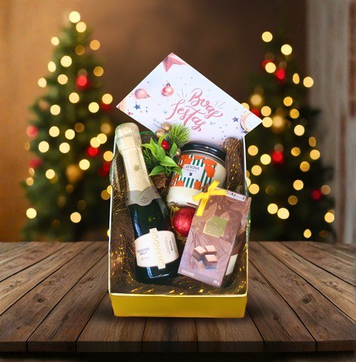Box amarela com espumante, geleia, chocolates e cartão personalizado