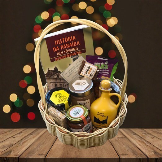 Cesta de vime com itens gourmet, geleias, mel e livro sobre a Paraíba