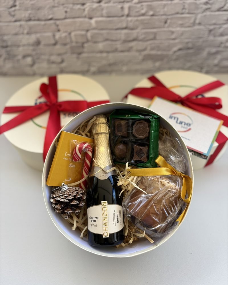 Caixa Imune 360 aberta com espumante, chocolates e panetone