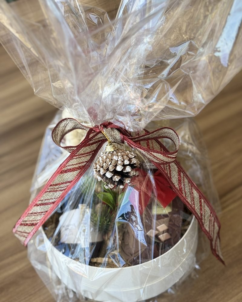 Presente embalado com laço xadrez e pinha